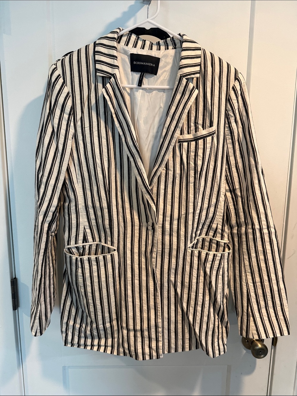 BCBGMaxAzria Black and White Linen Stripe Blazer